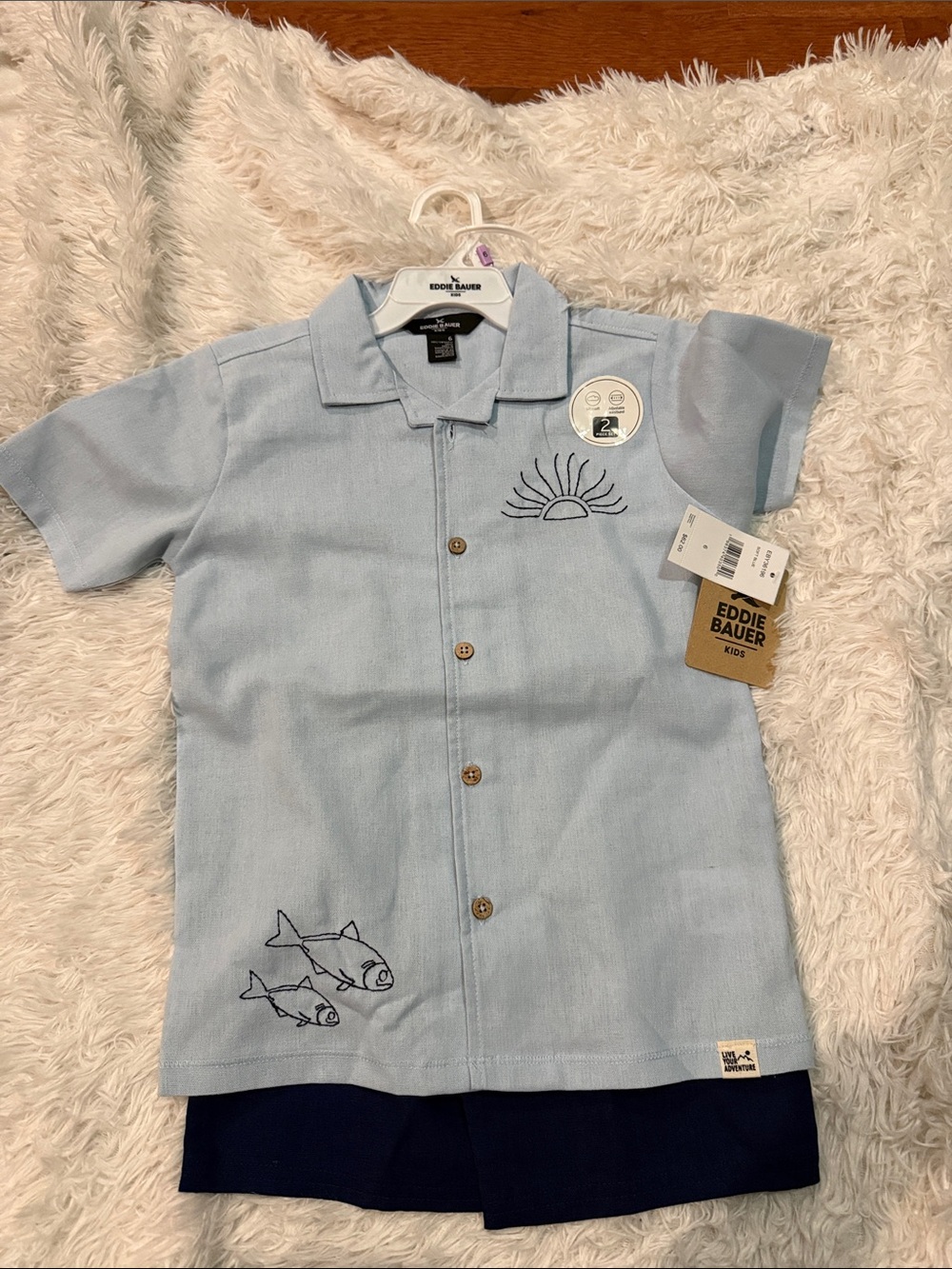 Eddie Bauer Light Blue Short-Sleeve Button Shirt with Navy Fish Embroidery 6